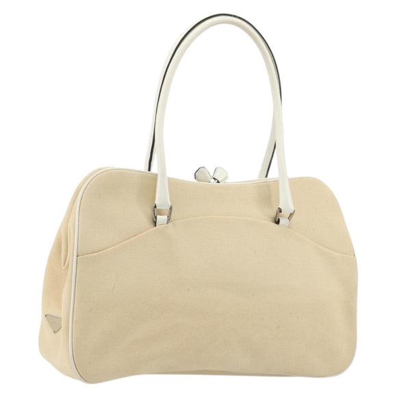 PRADA Schultertasche Canvas Beige Silber Auth 176585