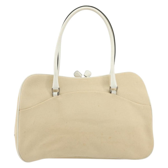 PRADA Schultertasche Canvas Beige Silber Auth 176585