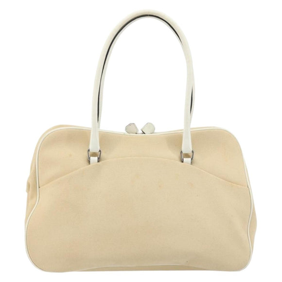 PRADA Schultertasche Canvas Beige Silber Auth 176585