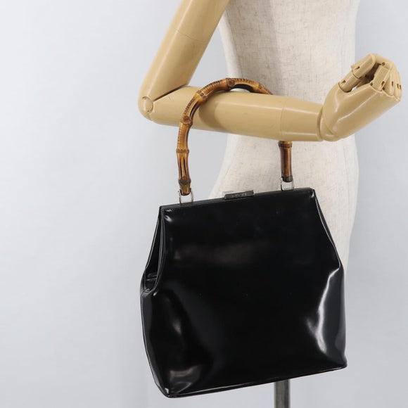 GUCCI Bamboo Hand Bag Enamel Black Silver 000 781 0295 Auth 176588
