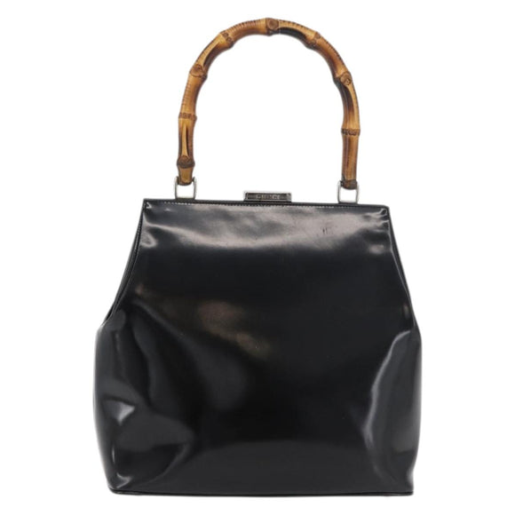 GUCCI Bamboo Hand Bag Enamel Black Silver 000 781 0295 Auth 176588