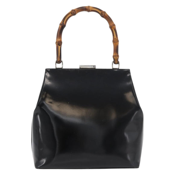 GUCCI Bamboo Hand Bag Enamel Black Silver 000 781 0295 Auth 176588