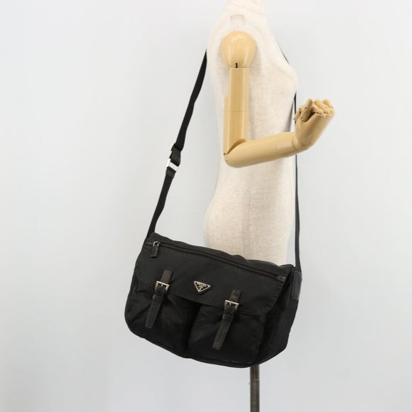 PRADA Shoulder Bag Nylon Black Silver Auth 176591
