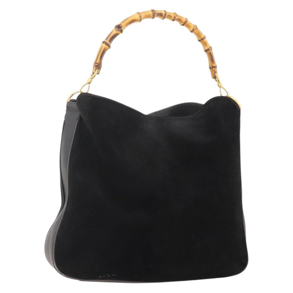 GUCCI Bamboo Shoulder Bag Suede Black Gold 001 1577 Auth 176611