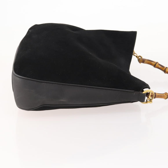 GUCCI Bamboo Shoulder Bag Suede Black Gold 001 1577 Auth 176611