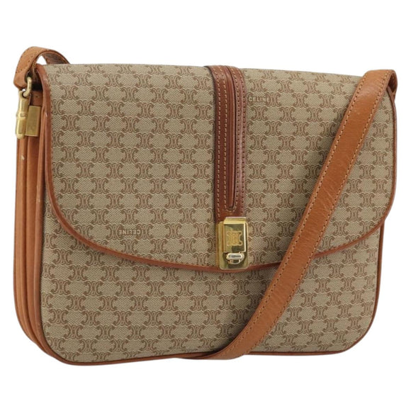 CELINE Macadam Canvas Shoulder Bag PVC Beige Gold Auth 176626A