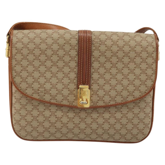 CELINE Macadam Canvas Shoulder Bag PVC Beige Gold Auth 176626A