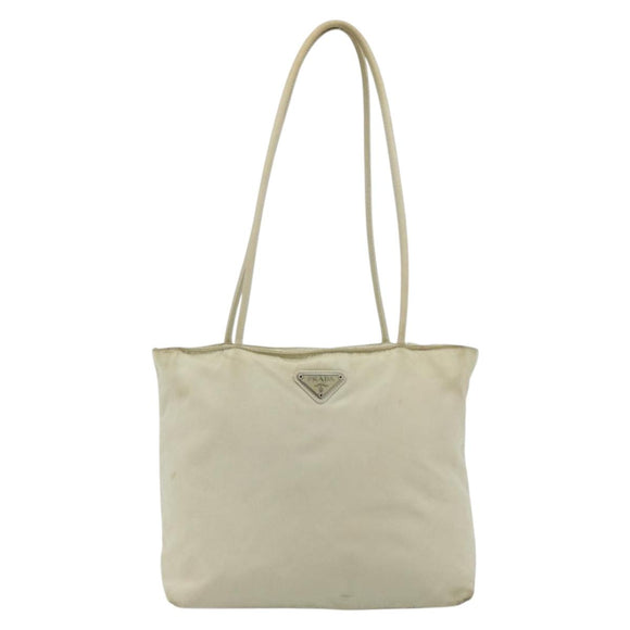 PRADA Tote Bag Nylon Beige Silver Auth 176637