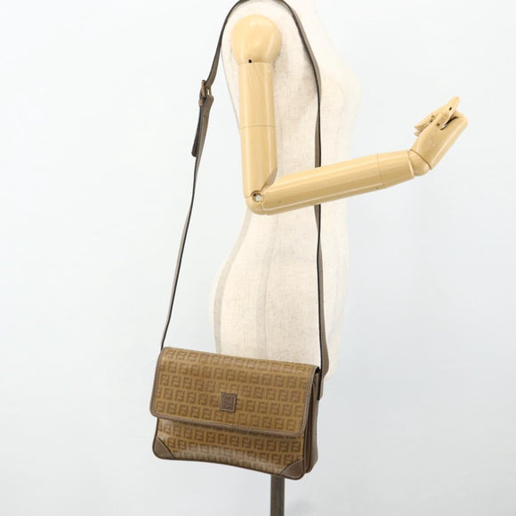 FENDI Zucchino Canvas Shoulder Bag Beige Gold Auth 176651