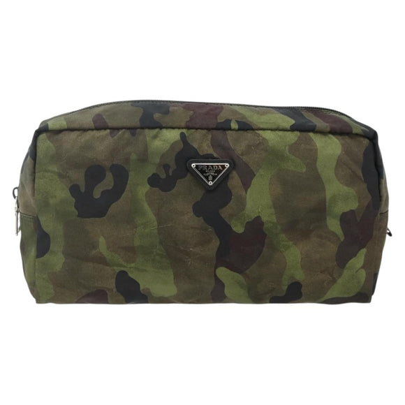 PRADA Pouch Nylon Silver Khaki Auth 176692A