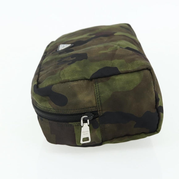 PRADA Pouch Nylon Silver Khaki Auth 176692A