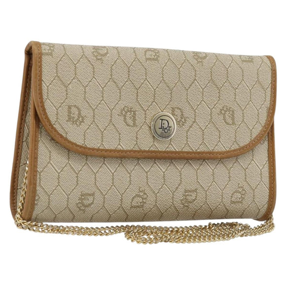 Christian Dior Honeycomb Canvas Chain Shoulder Bag PVC Beige Gold Auth 176698