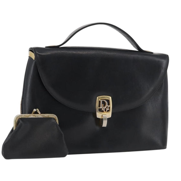 Christian Dior Hand Bag Calf Skin Black Gold Auth 176736