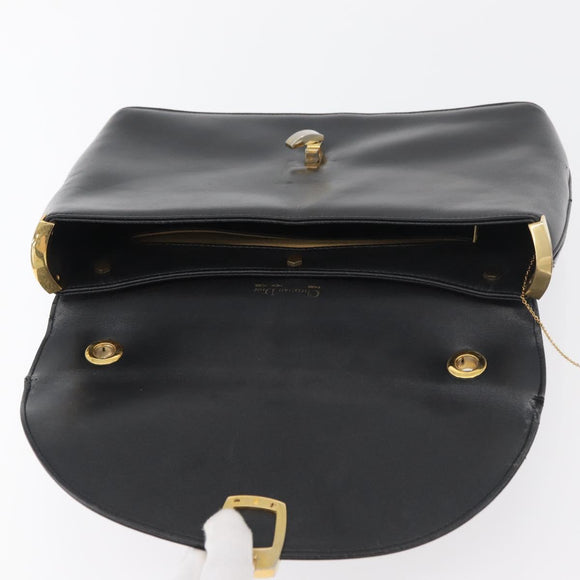 Christian Dior Hand Bag Calf Skin Black Gold Auth 176736