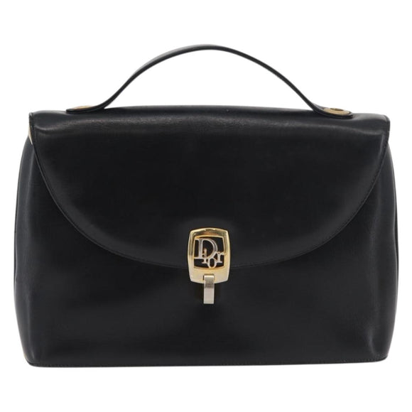 Christian Dior Hand Bag Calf Skin Black Gold Auth 176736