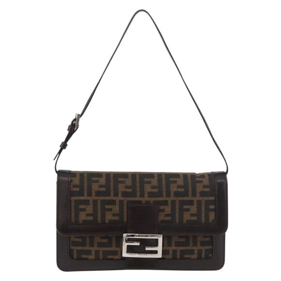 FENDI Zucca Canvas Mamma Baguette Shoulder Bag Black Brown Auth 176746SAV