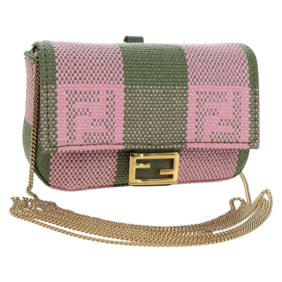 FENDI Chain Shoulder Pouch Nano Baguette Bag Canvas Pink Khaki Auth 176756M