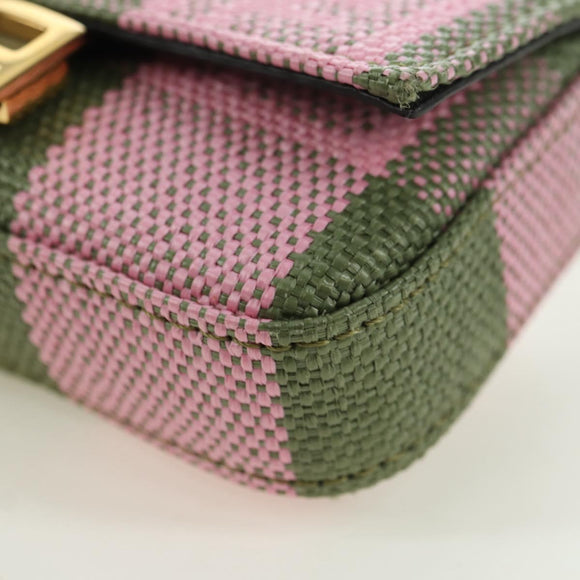 FENDI Chain Shoulder Pouch Nano Baguette Bag Canvas Pink Khaki Auth 176756M