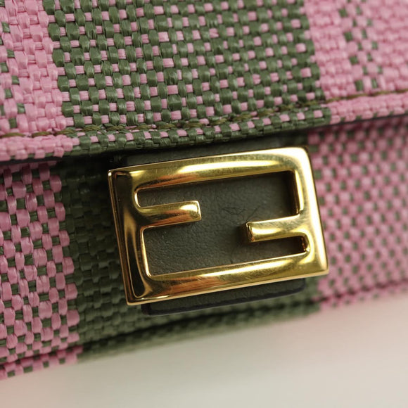 FENDI Chain Shoulder Pouch Nano Baguette Bag Canvas Pink Khaki Auth 176756M