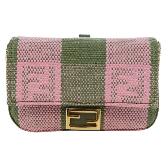 FENDI Chain Shoulder Pouch Nano Baguette Bag Canvas Pink Khaki Auth 176756M