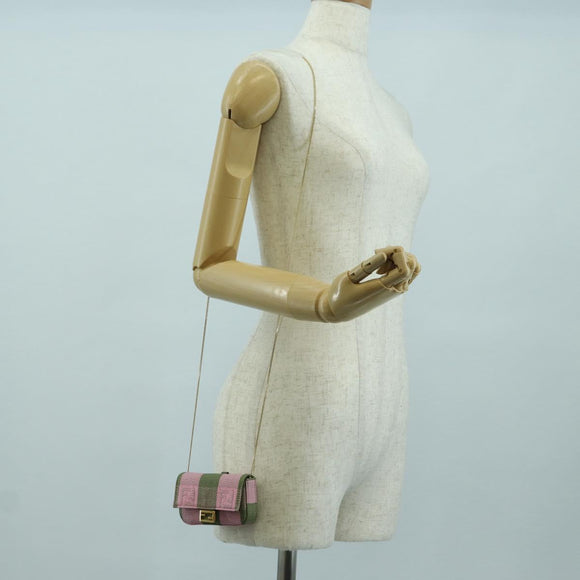 FENDI Chain Shoulder Pouch Nano Baguette Bag Canvas Pink Khaki Auth 176756M