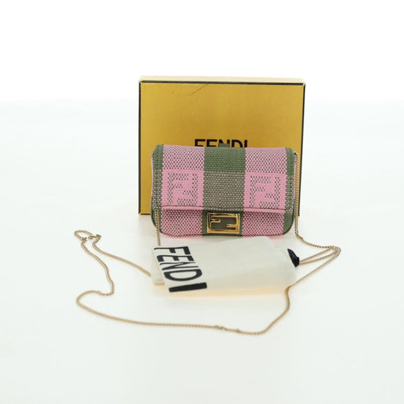 FENDI Chain Shoulder Pouch Nano Baguette Bag Canvas Pink Khaki Auth 176756M