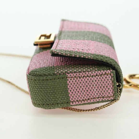 FENDI Chain Shoulder Pouch Nano Baguette Bag Canvas Pink Khaki Auth 176756M