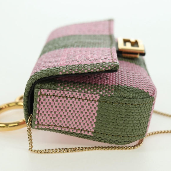 FENDI Chain Shoulder Pouch Nano Baguette Bag Canvas Pink Khaki Auth 176756M