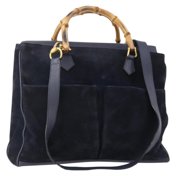GUCCI Bamboo Hand Bag Suede 2way Navy Gold Auth 176781
