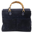 GUCCI Bamboo Hand Bag Suede 2way Navy Gold Auth 176781-2
