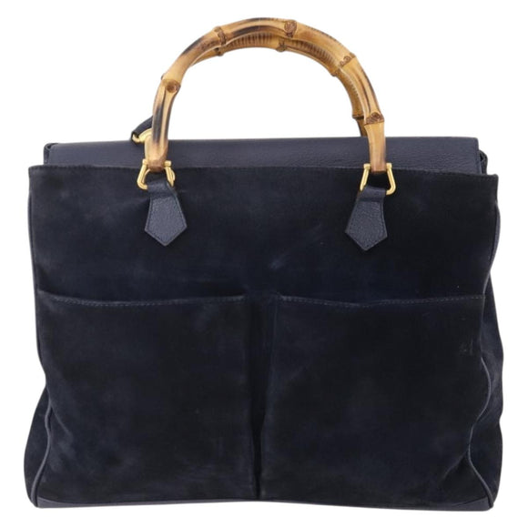 GUCCI Bamboo Hand Bag Suede 2way Navy Gold Auth 176781