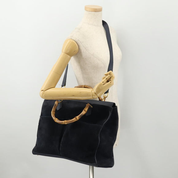 GUCCI Bamboo Hand Bag Suede 2way Navy Gold Auth 176781