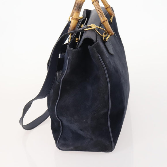 GUCCI Bamboo Hand Bag Suede 2way Navy Gold Auth 176781