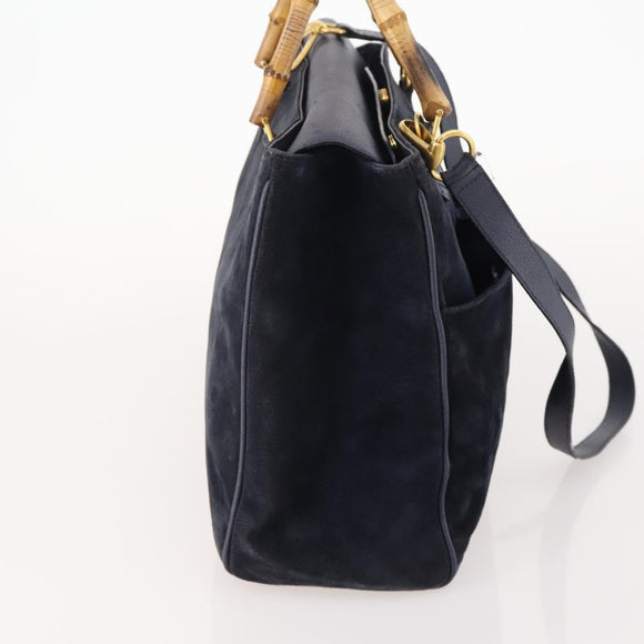 GUCCI Bamboo Hand Bag Suede 2way Navy Gold Auth 176781