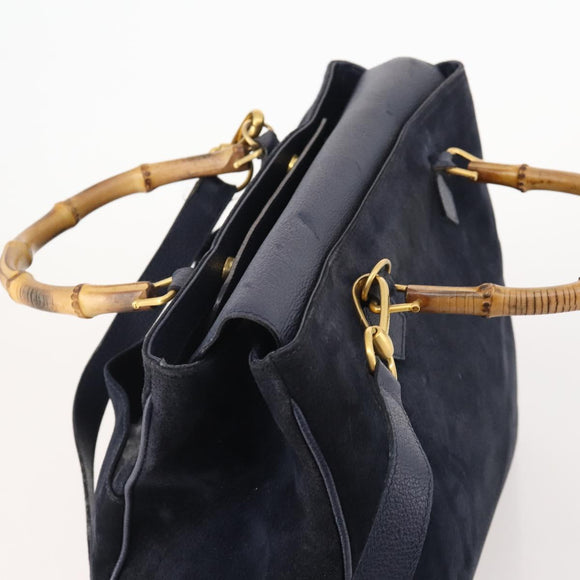 GUCCI Bamboo Hand Bag Suede 2way Navy Gold Auth 176781