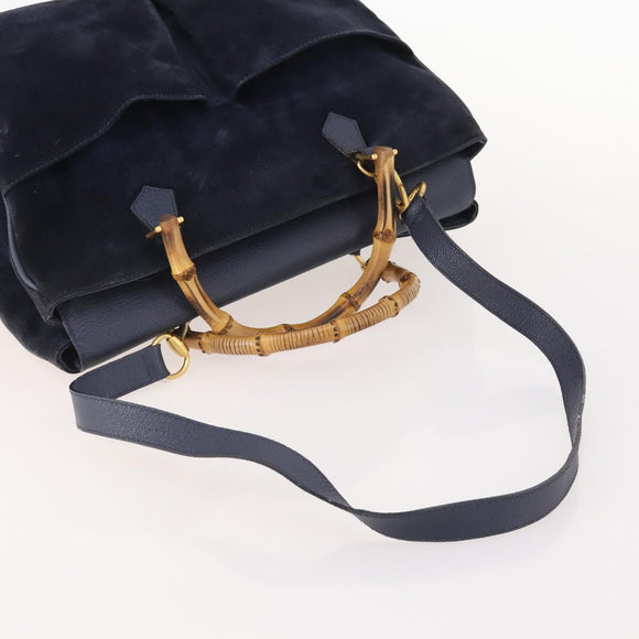 GUCCI Bamboo Hand Bag Suede 2way Navy Gold Auth 176781