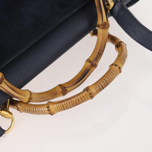 GUCCI Bamboo Hand Bag Suede 2way Navy Gold Auth 176781