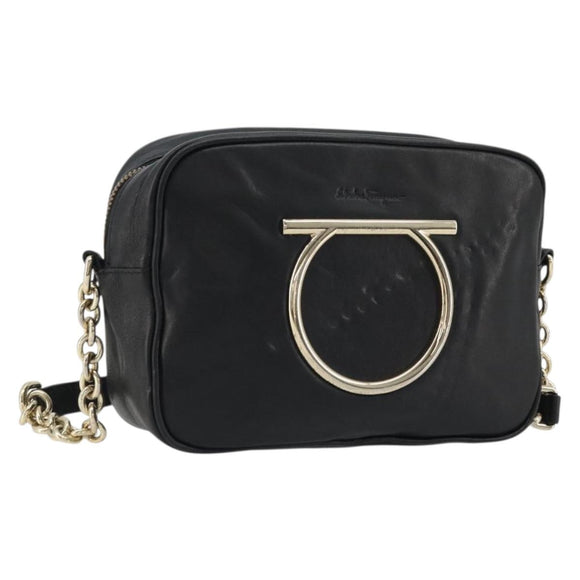 Salvatore Ferragamo Gancini Chain Shoulder Bag Leather Black Gold Auth 176787