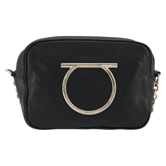 Salvatore Ferragamo Gancini Chain Shoulder Bag Leather Black Gold Auth 176787