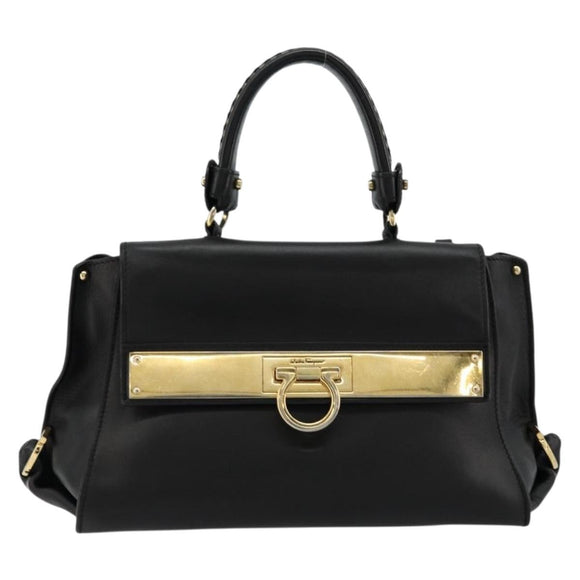 Salvatore Ferragamo Gancini Sofia Hand Bag Leather 2way Black Gold Auth 176789