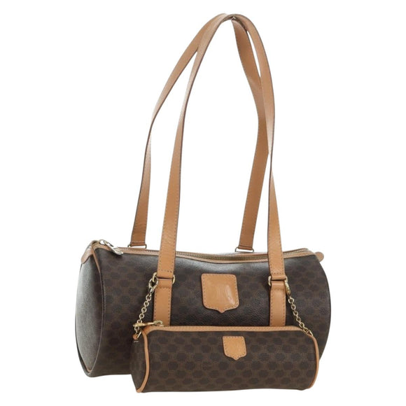 CELINE Macadam Canvas Boston Bag PVC Leather Brown Gold Auth 176802V