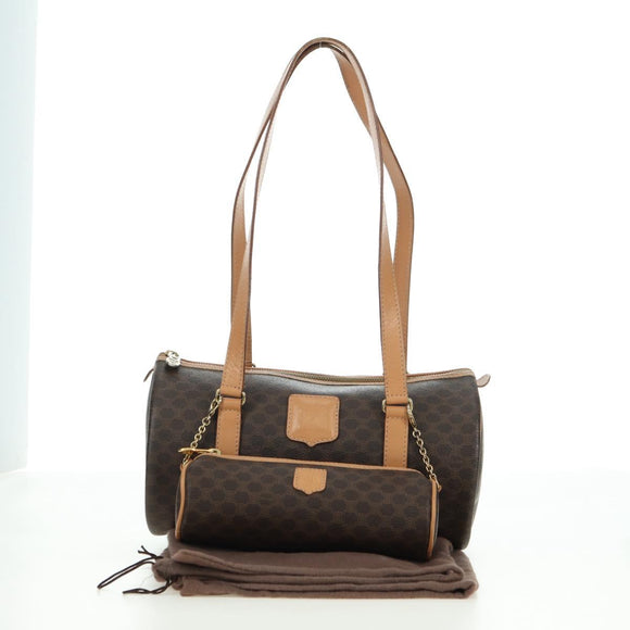 CELINE Macadam Canvas Boston Bag PVC Leather Brown Gold Auth 176802V