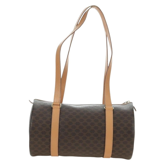CELINE Macadam Canvas Boston Bag PVC Leather Brown Gold Auth 176802V