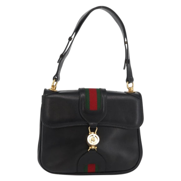 GUCCI Web Sherry Line Jackie Shoulder Bag Leather Black Gold Red Auth 176825A