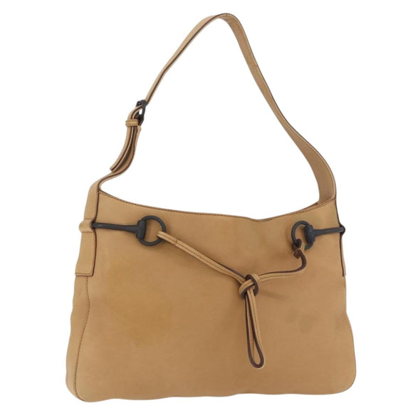 GUCCI Horsebit Shoulder Bag Leather Beige Gold 101975 Auth 176842A