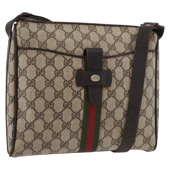 GUCCI GG Supreme Web Sherry Line Shoulder Bag PVC Beige Gold Auth 176846