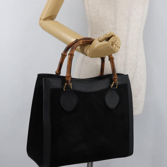 GUCCI Bamboo Hand Bag Suede Leather Black Gold 002 1196 0260 Auth 176869