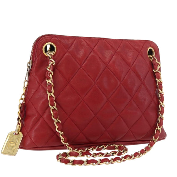 CHANEL Matelasse Chain Shoulder Bag Lamb Skin Red Gold CC Auth 176873