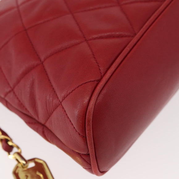 CHANEL Matelasse Chain Shoulder Bag Lamb Skin Red Gold CC Auth 176873