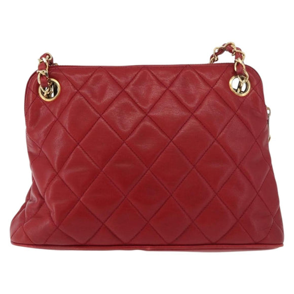 CHANEL Matelasse Chain Shoulder Bag Lamb Skin Red Gold CC Auth 176873